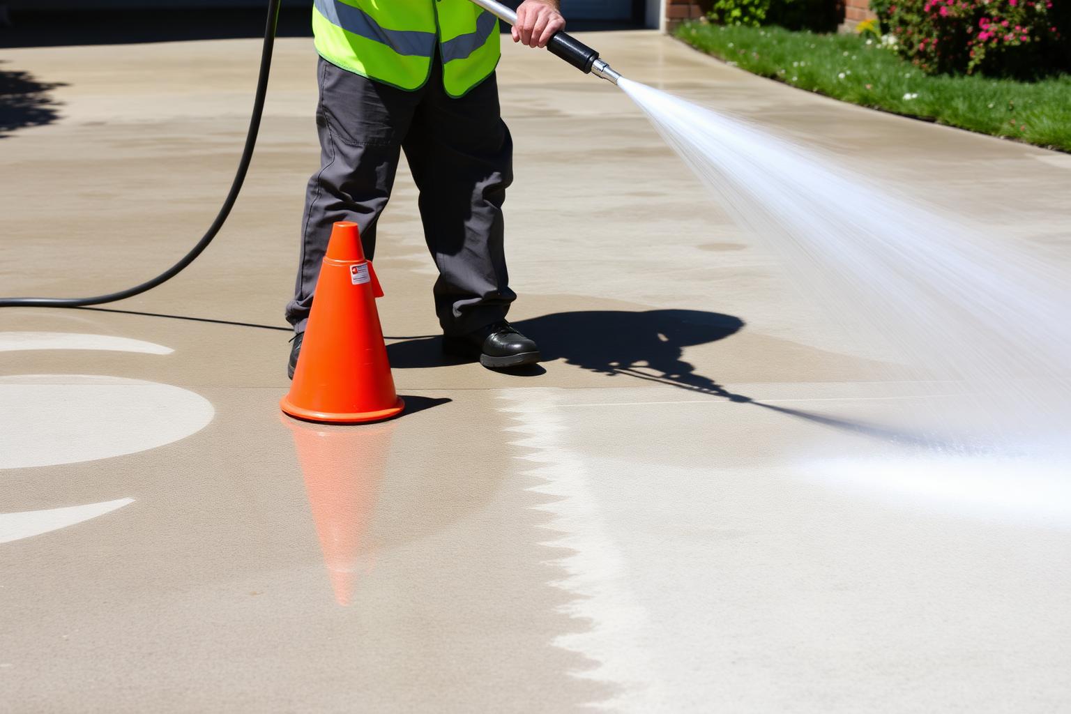 Crystal Clean technician pressure washing a driveway